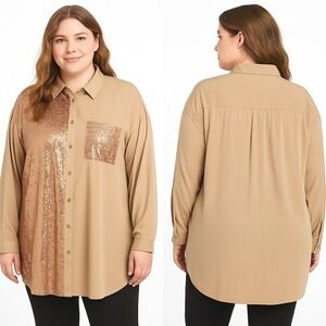 Curvy Sense 2X Blouse Gold Button Up Sequin Panel Chest Pocket Modern Glam